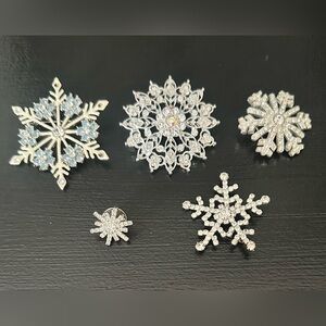 Rhinestone Snowflake Brooches - Silver Crystal Winter Pins
